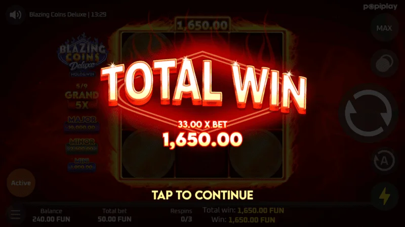 Blazing Coins Deluxe Respin Totaal Winst